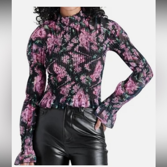 Steve Madden Pink and Black Floral Smocked Ruffle Neck Blouse - Picture 2 of 8